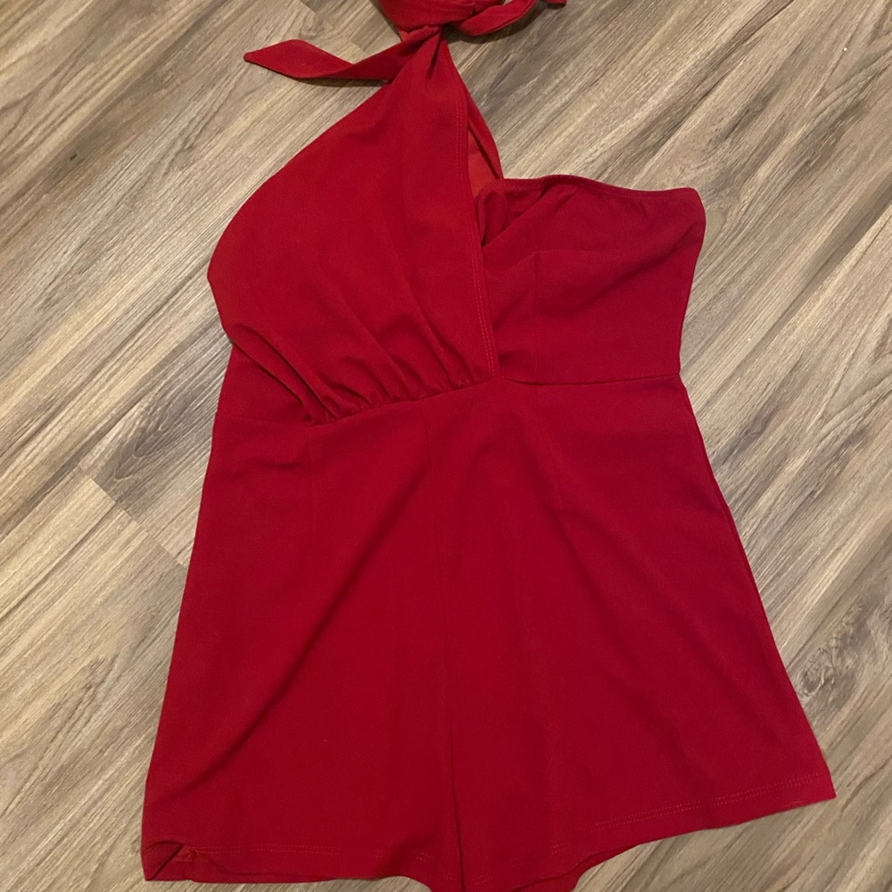 Red One Shoulder Romper